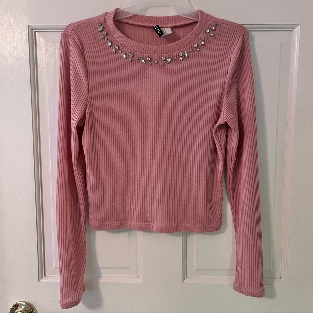 H&M Pink Ribbed Long Sleeve Jeweled Top